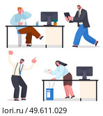 Confused office worker sitting at desk, holding document. Boss with digital tablet going to man. Angry director shouting at woman worker with papers, failure deadline, make mistake. Chaos in office. Confused worker with document, boss with digital tablet, angry boss shouting at woman worker. Стоковая иллюстрация, агентство Ingram Publishing / Фотобанк Лори