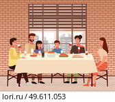 Family dines with food in Italian-style restaurant. Relatives eat traditional dishes in cafe. Italians eating national food. Table with pasta and meat steak. Parents drink wine and children eat snacks. The family dines with food in Italian-style restaurant. Relatives eat traditional dishes in cafe. Стоковая иллюстрация, агентство Ingram Publishing / Фотобанк Лори