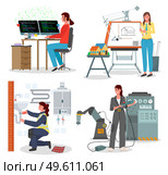 Modern woman in the male profession, factory engineer near the machine, architect makes a project, programmer writes code and plumber fixes the sink. Young girl at work set scenes isolated on white. Modern woman in the male profession, factory engineer, architect, programmer and plumber. Стоковая иллюстрация, агентство Ingram Publishing / Фотобанк Лори