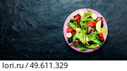 Fresh salad of Swiss chard, tomato, olives and meat.Copy space. Spring salad with herbs and jerky,space for text. Стоковое фото, агентство Ingram Publishing / Фотобанк Лори