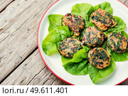 Homemade diet cutlets made from fresh chard.Vegetarian cuisine,vegan fritter on the plate. Tasty vegetable cutlet from greens. Стоковое фото, агентство Ingram Publishing / Фотобанк Лори