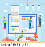 Business meeting or working process. Working space, office workers standing and sitting at desk with laptop. Business people talking communication, discuss presentation, making website page design. Businessmen talking communication, discuss presentation, make website page design, working process. Стоковая иллюстрация, агентство Ingram Publishing / Фотобанк Лори