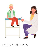 Female neuropathologist examining child use reflex hammer. Boy at appointment with doctor. Kid is visiting doctor during regular medical checkup isolated on white background. Physician works at clinic. Female neuropathologist examining child use reflex hammer. Boy at the appointment with doctor. Стоковая иллюстрация, агентство Ingram Publishing / Фотобанк Лори