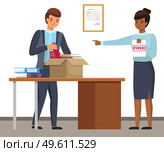 Layoff concept. Strict woman boss dismissed employee. Unhappy man leave the office with things in box. Unemployment dismissal of fellow workers. Crisis, jobless and employee job reduction concept. Layoff concept. Woman boss dismissed employee. Sad man leave the office with things in box. Стоковая иллюстрация, агентство Ingram Publishing / Фотобанк Лори