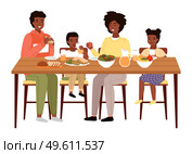 The family dines with healthy food. Relatives eat natural fresh products vector illustration. Afro american people having dinner isolated on a white background. Table with fruit, salad and sandwiches. The family dines with healthy food. Relatives eat natural fresh products vector illustration. Стоковая иллюстрация, агентство Ingram Publishing / Фотобанк Лори