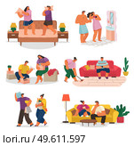 Life of a young couple, set of scenes from everyday household chores, shopping at the store, cleaning the house and rest. People activity, daily routine vector illustration on a white background. Life of a young couple, set of scenes from everyday household chores, cleaning the house and rest. Стоковая иллюстрация, агентство Ingram Publishing / Фотобанк Лори