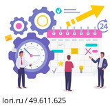 Time management, organizing effective time, planning dates, business meetings, businessmen standing near calendar with notes and clock, marks, productive time, productivity, workers control deadlines. Time management, organizing office time, planning dates, businessmeetings, businessmen near calendar. Стоковая иллюстрация, агентство Ingram Publishing / Фотобанк Лори