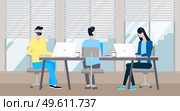 Business characters are working in office. Colleagues in headphones sit at a laptop and call clients. Employees work in the call center. The staff communicates and drinks coffee. Online sales concept. People are working in the office. Colleagues in headphones sit at a laptop and call clients. Стоковая иллюстрация, агентство Ingram Publishing / Фотобанк Лори