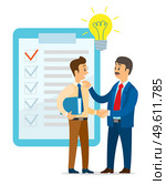 Guy and investor have successful deal for idea. Young man shaking hands with businessman. Boss give compliments to employee for good idea. Clipboard with checkmarks, lamp bulb above two people. Guy and investor have successful deal for idea, man shaking hands with businessman, boss and worker. Стоковая иллюстрация, агентство Ingram Publishing / Фотобанк Лори