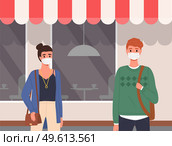 Couple of people is using protective medical masks. People adhere to quarantine regulations. Cartoon characters on the background of a cafe, quarantine period, pandemic time, vector illustration. Couple of people is using medical masks. Cartoon characters on the background of a restaurant. Стоковая иллюстрация, агентство Ingram Publishing / Фотобанк Лори