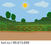 Green meadow, summer or spring weather, lush green trees, wildflowers, dandelions, rural fence, country road. Bright sun, blue sky with clouds. Saturated summer landscape, hot. Trip out of town. Summer or spring time, green meadow, fools, hot weather. Dandelions on the field, clear sky. Стоковая иллюстрация, агентство Ingram Publishing / Фотобанк Лори