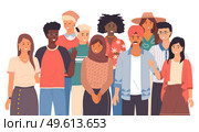 Multinational people group smiling, close up. Friendly people wave. Say hello in different languages. Native speakers, friendly men and women cartoon characters. Flat vector image isolated on white. Friendly multi national people greeting. Diverse cultures, international communication concept. Стоковая иллюстрация, агентство Ingram Publishing / Фотобанк Лори