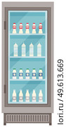 Showcase fridge for cooling dairy products. Different colored bottles and boxes in fridge. Refrigerator dispenser cooling machine with transparent glass door. Milk, yogurt, sour cream storage. Showcase fridge for cooling dairy products. Different colored bottles and boxes in fridge. Стоковая иллюстрация, агентство Ingram Publishing / Фотобанк Лори