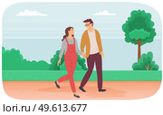 Dating couple outdoor cityscape in the day time. Young peolpe smiling man and woman holding hands walking. Girl with guy, people in love spend time together and looking at each other lovingly. Dating couple outdoor cityscape in the day time. Young peolpe smiling man and woman holding hands. Стоковая иллюстрация, агентство Ingram Publishing / Фотобанк Лори