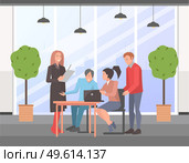 Businesspeople communicating, discuss a project, brainstorm together. Happy partners at business meeting, working process. Group of colleagues sitting at a table, talking about conclusion of contract. Businesspeople communicating, discuss a project, brainstorm together. Business meeting in office. Стоковая иллюстрация, агентство Ingram Publishing / Фотобанк Лори