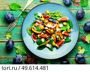 Autumn fresh salad with plums,figs,olives and cheese.Colorful salad of fruits. Fresh salad with plums and figs. Стоковое фото, агентство Ingram Publishing / Фотобанк Лори
