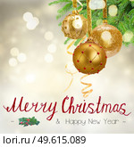 Golden christmas balls and evergreen fir tree on festive background with Merry Christmas greetings. Red christmas balls. Стоковое фото, агентство Ingram Publishing / Фотобанк Лори