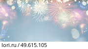 Fireworks colorful explosions on blue, festive background banner with copy space. Fireworks explosions on black. Стоковое фото, агентство Ingram Publishing / Фотобанк Лори