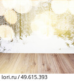 wooden planks with snowed winter forest  with bokeh lights background. Стоковое фото, агентство Ingram Publishing / Фотобанк Лори