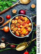 Meat sauce with mushrooms, zucchini, tomato and potatoes. Homemade stew meat. Ragout with meat and vegetables. Стоковое фото, агентство Ingram Publishing / Фотобанк Лори