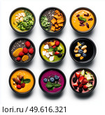 Various fresh smoothies displayed in colorful bowls with vibrant fruits. Стоковое AI-изображение, AI-художник Татьяна  Бральнина / Фотобанк Лори