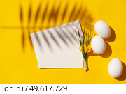 Easter scene with white eggs over illuminating yellow background, copy space, palm sunday easter holiday concept. Easter scene with white eggs. Стоковое фото, агентство Ingram Publishing / Фотобанк Лори