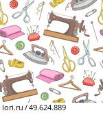 Seamless patter with sewing and needlework tools and accessories. Hand drawn vector background. Стоковая иллюстрация, агентство Ingram Publishing / Фотобанк Лори