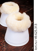 luxery hoof protectors with natural fur for sportive horses. horse stuff and care. Стоковое фото, агентство Ingram Publishing / Фотобанк Лори