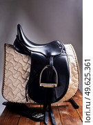 Black professional  leather dressage saddle in complete with nice saddle cloth and girth puted at saddle rack travel. equestrian concept. Стоковое фото, агентство Ingram Publishing / Фотобанк Лори