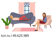 At the reception of a psychotherapist. Young girl is lying on a couch in a psychologist s office. The psychiatrist asks the patient questions, writes the test in a notebook, psychotherapy session. At the reception of a psychotherapist. Young girl is lying on a couch in a psychologist s office. Стоковая иллюстрация, агентство Ingram Publishing / Фотобанк Лори