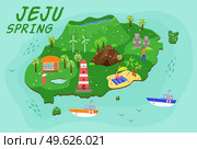 Jeju island travel map. Spring fun in territory of south korea. Tourism during the romantic season. Beach resort on the island. People are resting and having fun abroad. Kids swim and sunbathe. Jeju island travel map. Spring fun in territory of south korea. Tourism during the romantic season. Стоковая иллюстрация, агентство Ingram Publishing / Фотобанк Лори