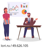 Businesswoman stand near table with sitting executive man. Boss talking with worker, presentation with graph, diagram, chart on white board. Cartoon character presenting financial plan, statistics. Businesswoman stand near table with sitting executive man, boss talking with office worker. Стоковая иллюстрация, агентство Ingram Publishing / Фотобанк Лори