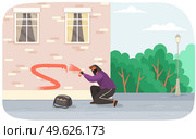 Vandal damaging city building. Bully in hood and balaclava painting graffiti on a brick wall of a residential building. Street gangsters and vandalism concept. A man bandit destroy city property. Vandal damaging city building. Bully in hood and balaclava painting graffiti on a brick wall. Стоковая иллюстрация, агентство Ingram Publishing / Фотобанк Лори