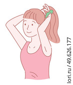 Smiling girl making hairstyle, ponytail with scrunchy. Cute cartoon character girl wearing shirt. Isolated at white portrait of smiling young girl. Drawing sketch art. Simple avatar of young female. Smiling girl making hairstyle, ponytail with scrunchy, cute cartoon character girl wearing shirt. Стоковая иллюстрация, агентство Ingram Publishing / Фотобанк Лори