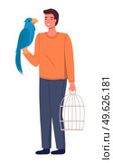 Man with his big blue parrot expecting for visiting a doctor in vet clinic isolated on white. Happy male character bought a bird in a store, prepared a cage for him, guy holding parrot on his hand. Man with his big blue parrot expecting for visiting a doctor in vet clinic isolated on white. Стоковая иллюстрация, агентство Ingram Publishing / Фотобанк Лори
