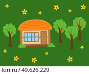 Asian village old house vector art illustration. Rural building, natural landscape with grass and flowers, green trees. Thatched-roof rural small house. Traditional consrtuction with reed roof. Asian village old house flat illustration. Rural building, natural landscape with grass and flowers. Стоковая иллюстрация, агентство Ingram Publishing / Фотобанк Лори