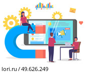 Meeting conference in office. Big magnet and people with laptop around. Customer retention strategy, digital inbound marketing, customer attraction banner. Team work and discussion, project management. Meeting conference in office. Big magnet and people with laptop around. Customer retention strategy. Стоковая иллюстрация, агентство Ingram Publishing / Фотобанк Лори