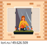 Beautiful young woman watering houseplants on the windowsill. Caring for indoor flowers vector illustration. Girl with a watering can in her hands looks at tulips in a pot near the opened window. Young woman watering houseplants on the windowsill near the opened window, caring for flowers. Стоковая иллюстрация, агентство Ingram Publishing / Фотобанк Лори