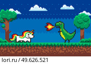 Unicorn character vector, dragon with fire and horse with one horn. Scene with players, night place with trees and nature, dinosaur gamers choice. Pixel Character Fight Game Dragon and Unicorn. Стоковая иллюстрация, агентство Ingram Publishing / Фотобанк Лори