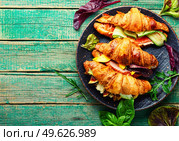 Fresh croissants with salted filling.Croissants with salmon, bacon, figs and cucumber.Copy space. Fresh croissants with meat and fish. Стоковое фото, агентство Ingram Publishing / Фотобанк Лори