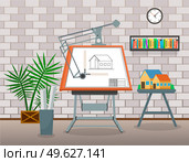 Draftsman studio, workplace or workspace of desinger or architect, drawn new house plan at board, installation of small house, new project of home, modern interior design with brick wall and bookshelf. Draftsman studio, workplace or workspace of desinger or architect, board with house plan, project. Стоковая иллюстрация, агентство Ingram Publishing / Фотобанк Лори