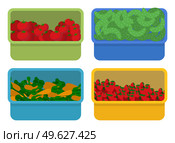 Juicy fresh ripe vegetables and berries in plastic boxes flat style. Autumn harvest of tomatoes, cucumbers, carrots and strawberry collected in a container. Vegetable is used for juice and salad. Juicy fresh ripe vegetables and berries in plastic boxes, Autumn harvest collected in a container. Стоковая иллюстрация, агентство Ingram Publishing / Фотобанк Лори