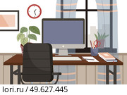 Modern workplace flat design. Lather chair and office desk with a computer and potted plant in living room or office interior. Furniture and equipment for the workplace of an employee or office worker. Modern workplace flat design. Lather chair and office desk with a computer and potted plant. Стоковая иллюстрация, агентство Ingram Publishing / Фотобанк Лори