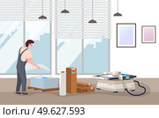 Man working in typography at print to printer. employee character, electronic photocopier device, paint service. Vector print house worker stacks printed sheets of paper in the production area. Man working in typography at print to printer. male character stacks printed sheets of paper. Стоковая иллюстрация, агентство Ingram Publishing / Фотобанк Лори