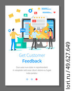Get customer feedback landing page template. Businessmen getting monney from manager or client. Group of colleagues stands near a computer with an email or letter. Website layout vector illustration. Get customer feedback landing page template. Businessmen getting monney from manager or customer. Стоковая иллюстрация, агентство Ingram Publishing / Фотобанк Лори