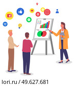 Presentation at board, businesswoman show charts and diagram to colleague, analysing graphics on white board, cartoon character presenting financial plan, worker show graphical analysis, statistics. Presentation at board, businesswoman show charts and diagram to colleague, analysing social network. Стоковая иллюстрация, агентство Ingram Publishing / Фотобанк Лори