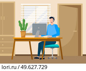 Businessman work as a call center with headphone sitting at a table with computer in office room. Customer support operator. Hotline employee with notebook and headset receiving an order from a client. Businessman work as a call center with headphone sitting at a table with computer in office room. Стоковая иллюстрация, агентство Ingram Publishing / Фотобанк Лори