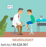 Neurologist examining boy for diagnosis in hospital room. Doctor doing a physical examination of the patient. Male medic with neurological hammer checks the reflexes of the child sitting on the chair. Neurologist examining boy for diagnosis in hospital room. Doctor doing a physical examination. Стоковая иллюстрация, агентство Ingram Publishing / Фотобанк Лори