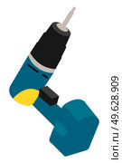 Blue drill. Electric device for the home repair. Household instrument isolated vector illustration in flat style. Screwdriver with accumulator, tool for drilling holes, equipment for construction. Blue drill. Electric device for the home repair. Household instrument isolated vector illustration. Стоковая иллюстрация, агентство Ingram Publishing / Фотобанк Лори