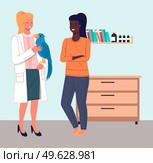 Veterinary care. Veterinarian wooman meet girl with parrot in the medical office. African american girl brought a bird for treatment to a doctor. Visit to the vet clinic to check the health of pet. Veterinary care flat illustration. Veterinarian wooman meet girl with parrot in the medical office. Стоковая иллюстрация, агентство Ingram Publishing / Фотобанк Лори